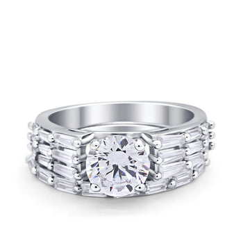 Two Piece Wedding Ring Band Bridal Set Baguette Round CZ 925 Sterling Silver